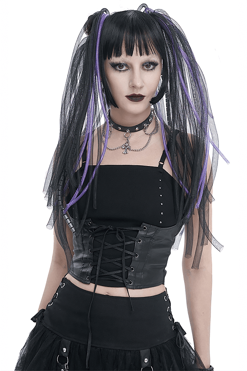 Punk Strappy Splice Camis for Women / Black Gothic Spaghetti Strap Tank Top with Lace-up