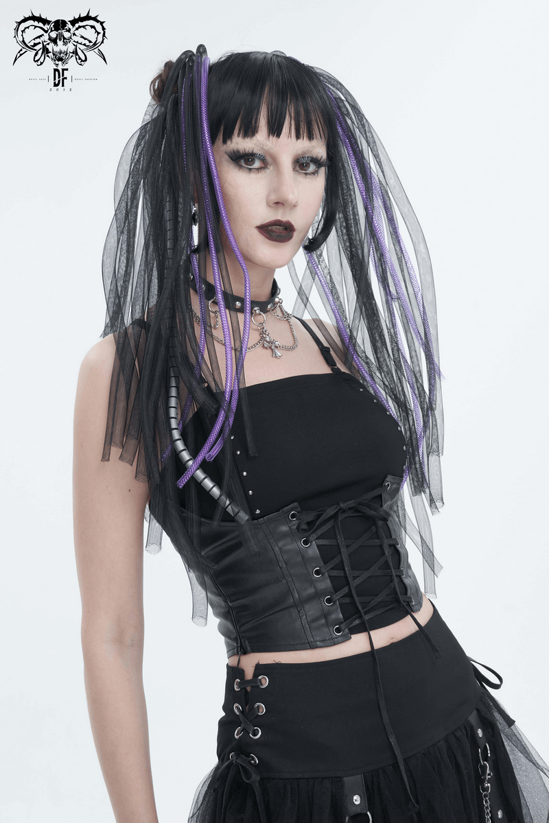 Punk Strappy Splice Camis for Women / Black Gothic Spaghetti Strap Tank Top with Lace-up