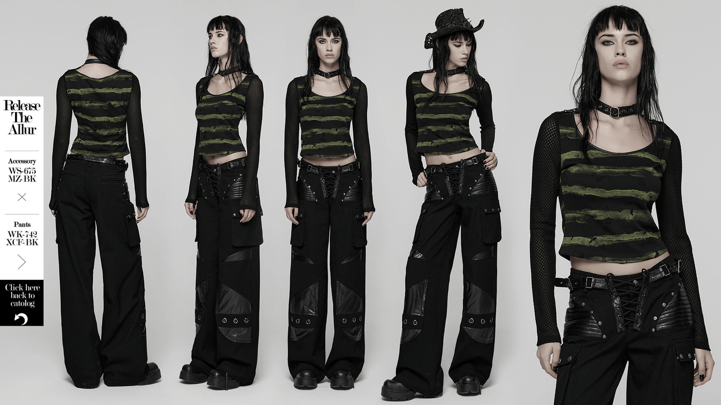 Punk Striped Mesh Long Sleeve Top with Tattered Fabric