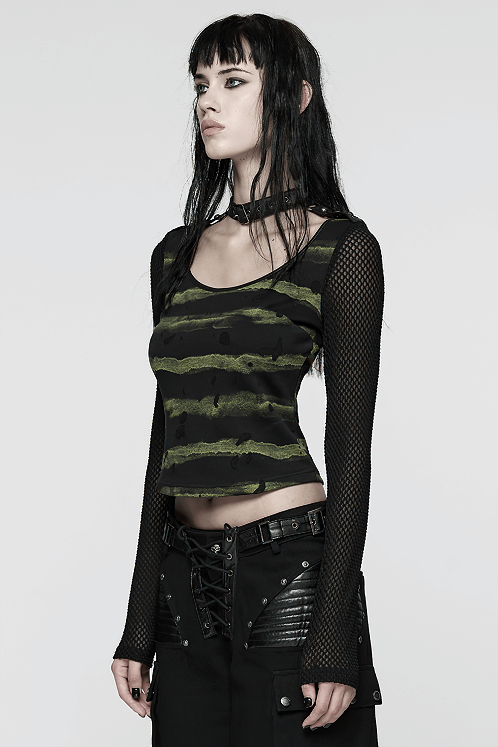 Punk Striped Mesh Long Sleeve Top with Tattered Fabric
