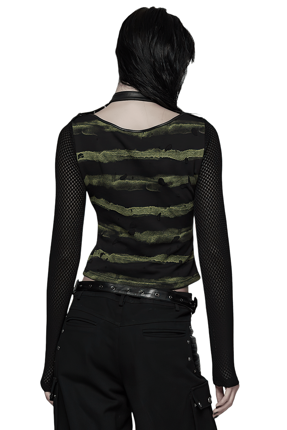 Punk Striped Mesh Long Sleeve Top with Tattered Fabric