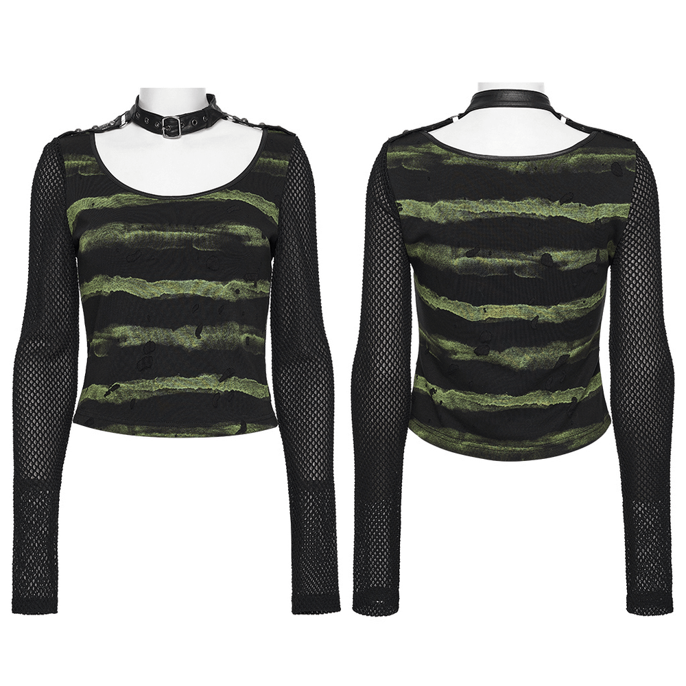 Punk Striped Mesh Long Sleeve Top with Tattered Fabric