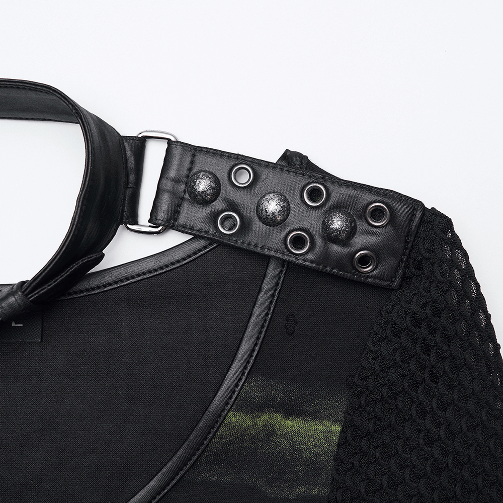 Punk Striped Mesh Long Sleeve Top with Tattered Fabric