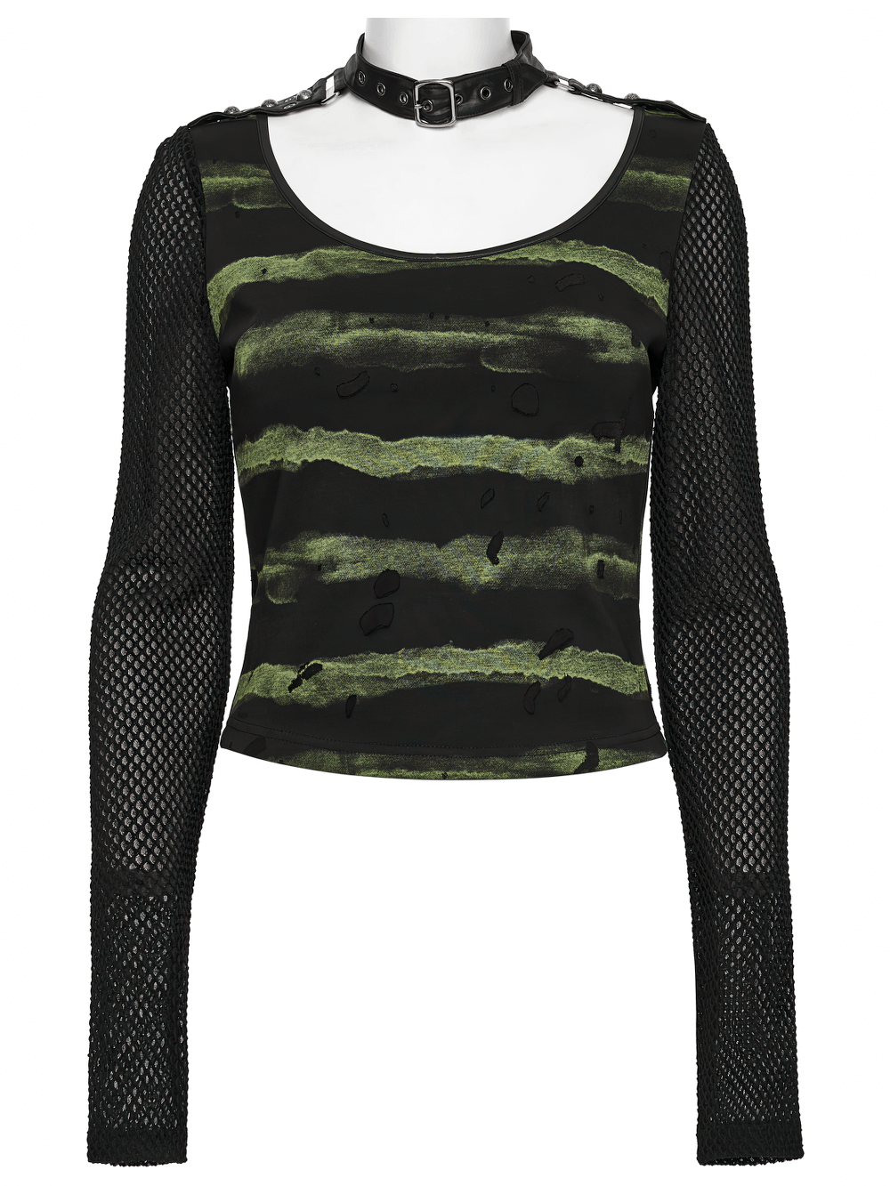 Punk Striped Mesh Long Sleeve Top with Tattered Fabric