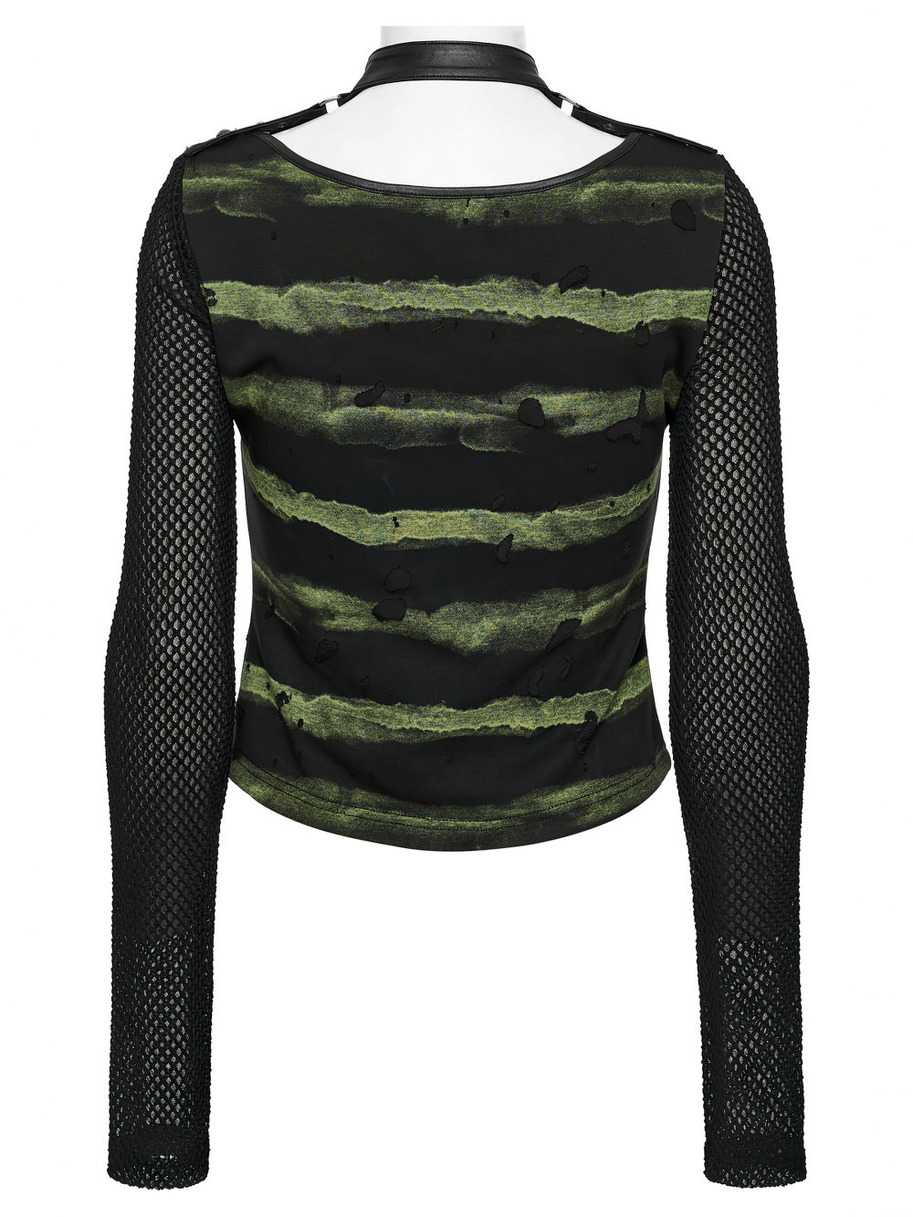 Punk Striped Mesh Long Sleeve Top with Tattered Fabric