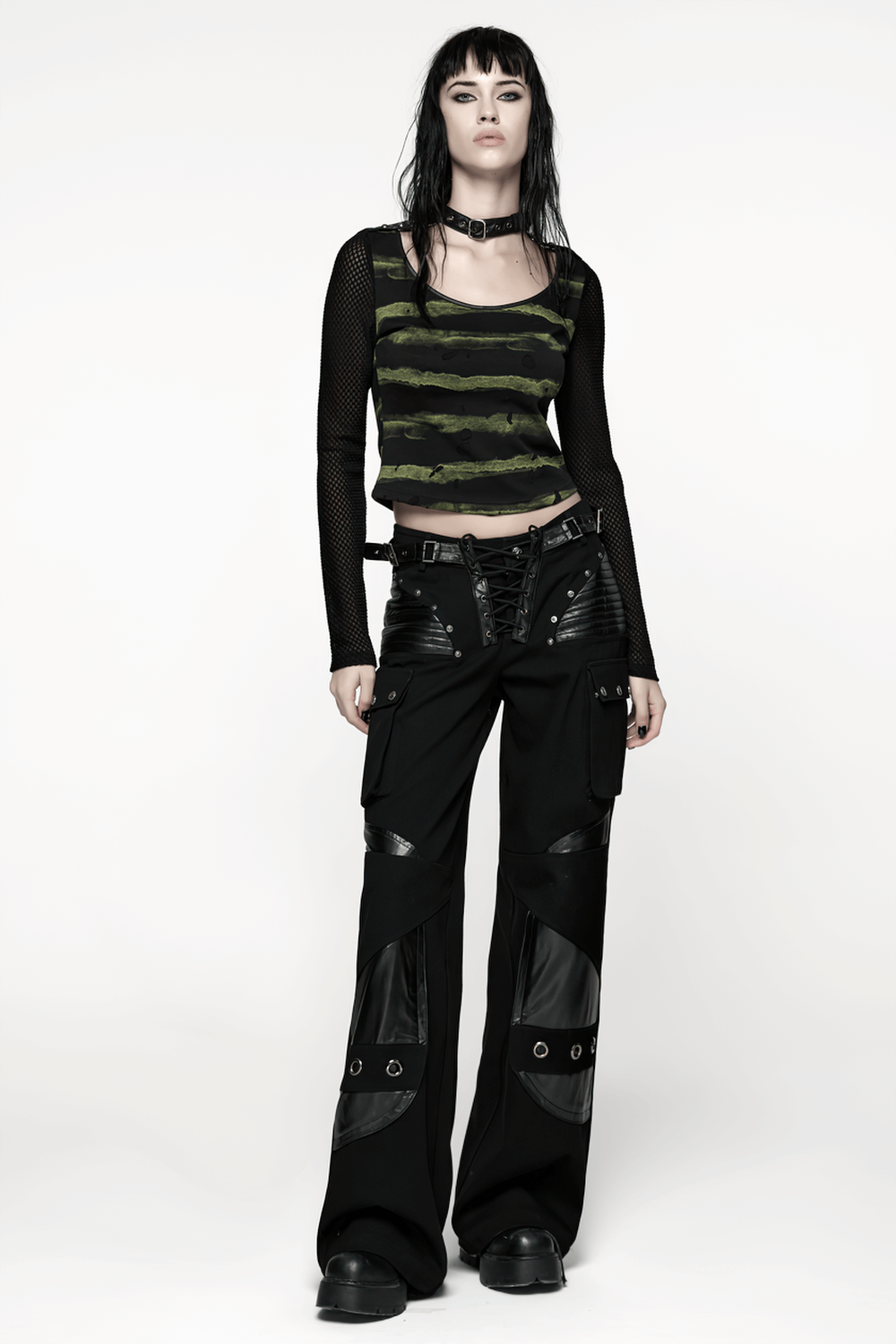 Punk Striped Mesh Long Sleeve Top with Tattered Fabric
