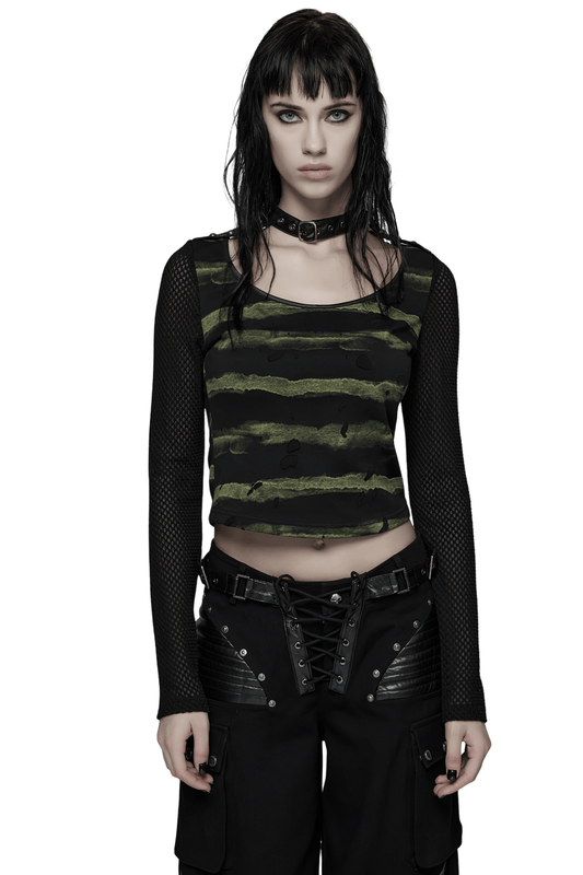 Punk Striped Mesh Long Sleeve Top with Tattered Fabric