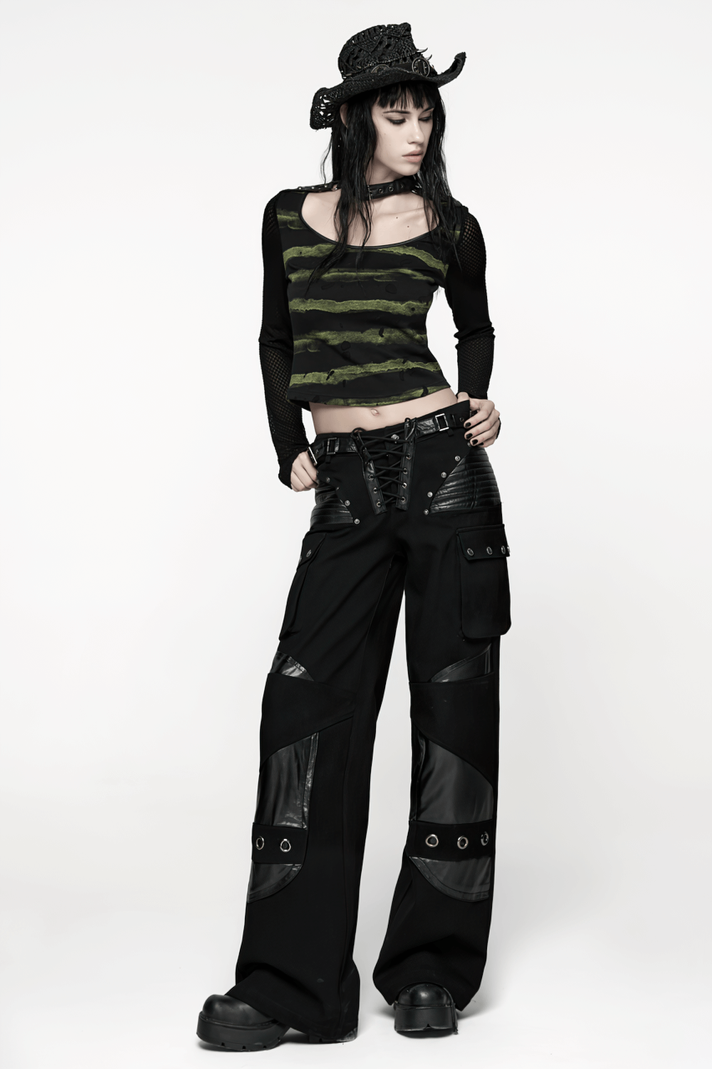 Punk Striped Mesh Long Sleeve Top with Tattered Fabric