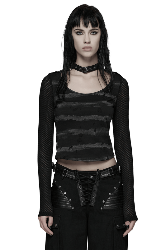 Punk Striped Mesh Top with Decorative Loop Collar