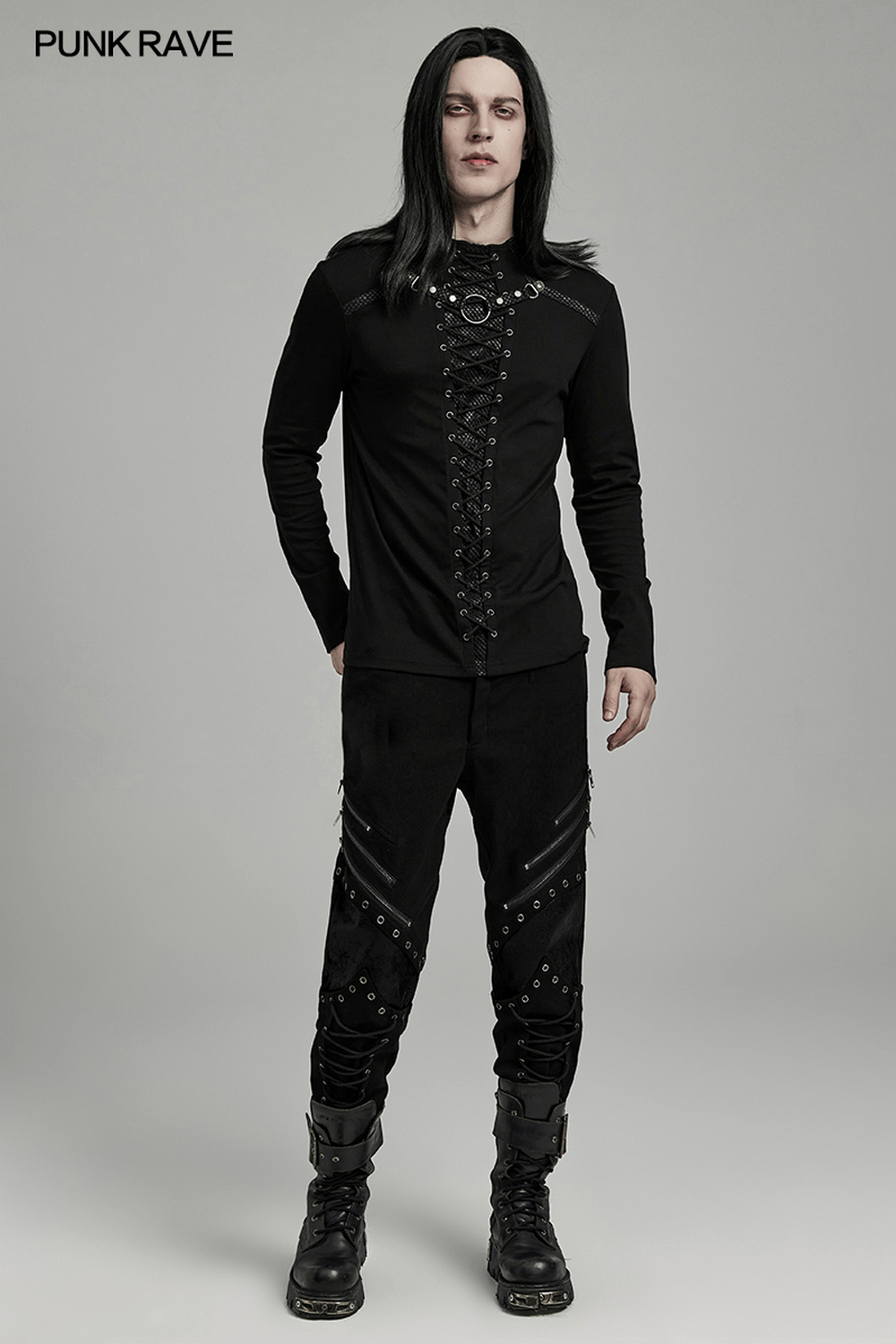 Punk Style Black Lace-Up Ring Detail Men's Top