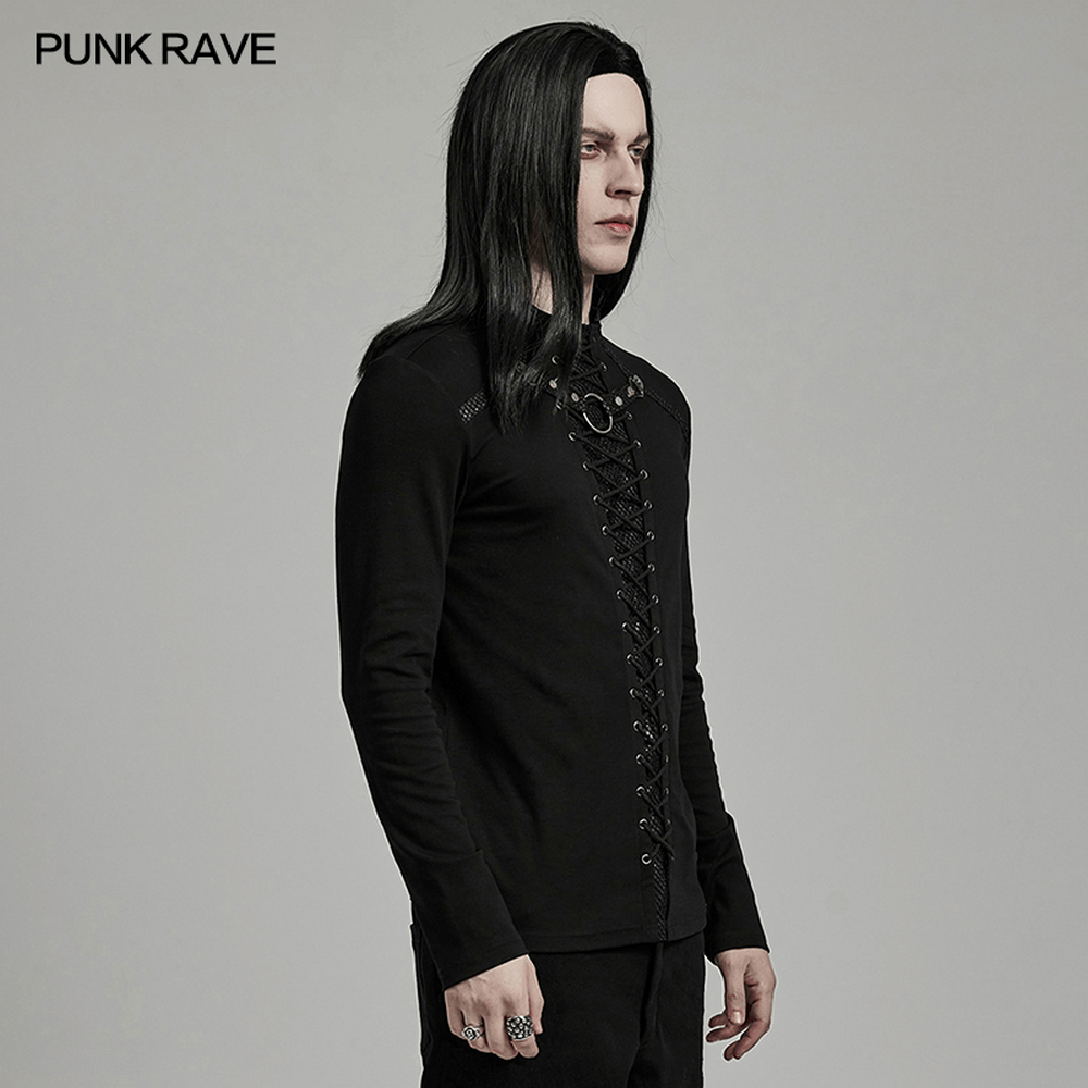 Punk Style Black Lace-Up Ring Detail Men's Top