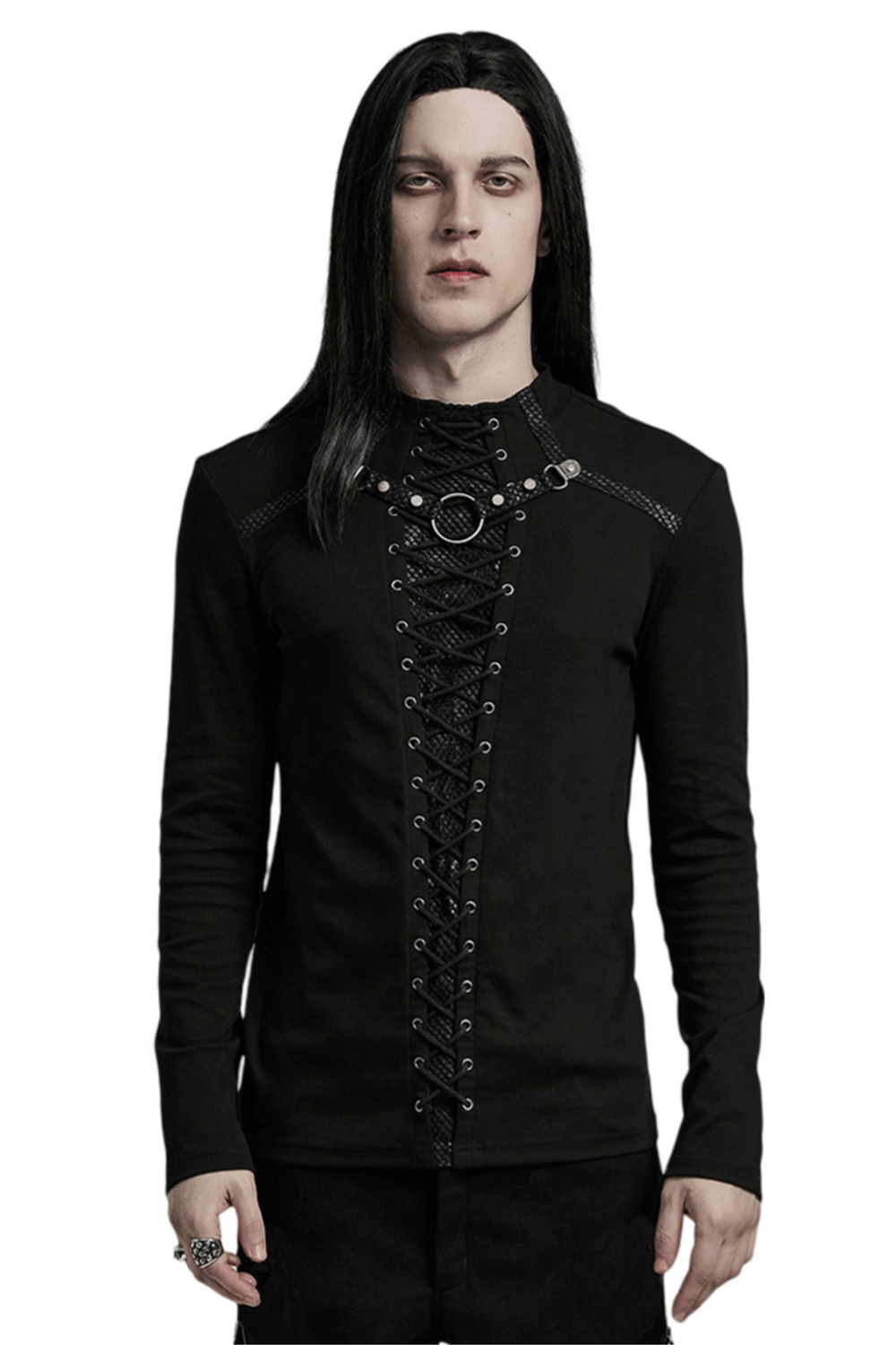 Punk Style Black Lace-Up Ring Detail Men's Top