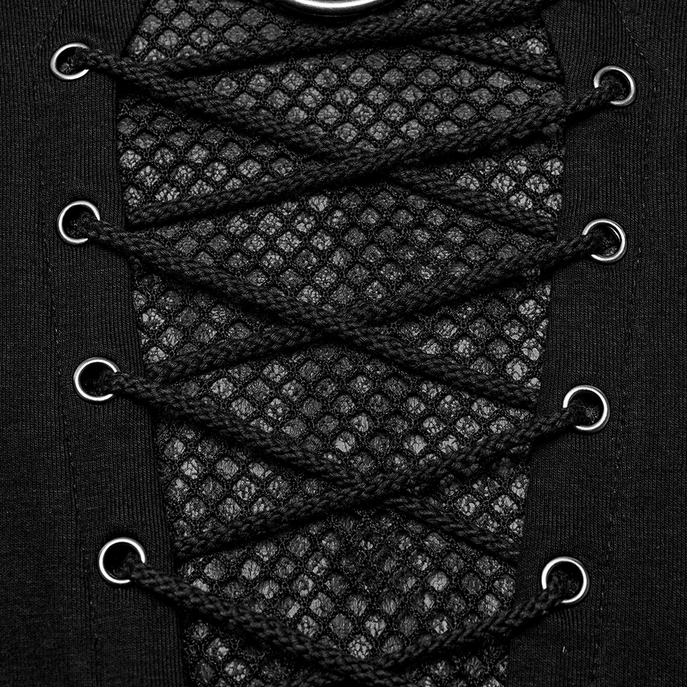 Punk Style Black Lace-Up Ring Detail Men's Top
