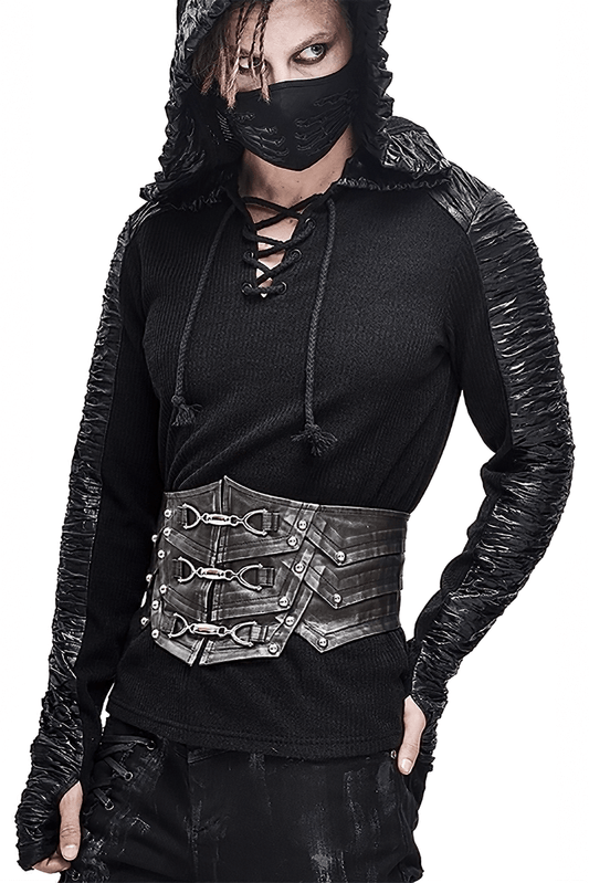 Punk Style Black PU Leather Belt with Metal Buckle / Vintage Wide Waistband For Men