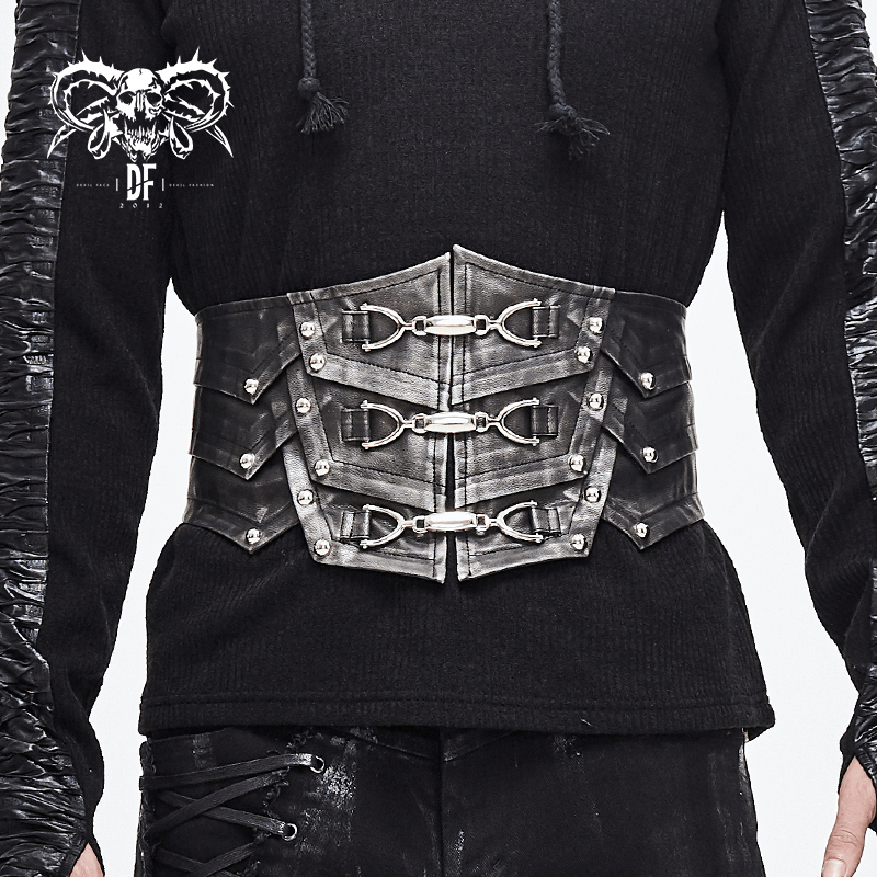Punk Style Black PU Leather Belt with Metal Buckle / Vintage Wide Waistband For Men
