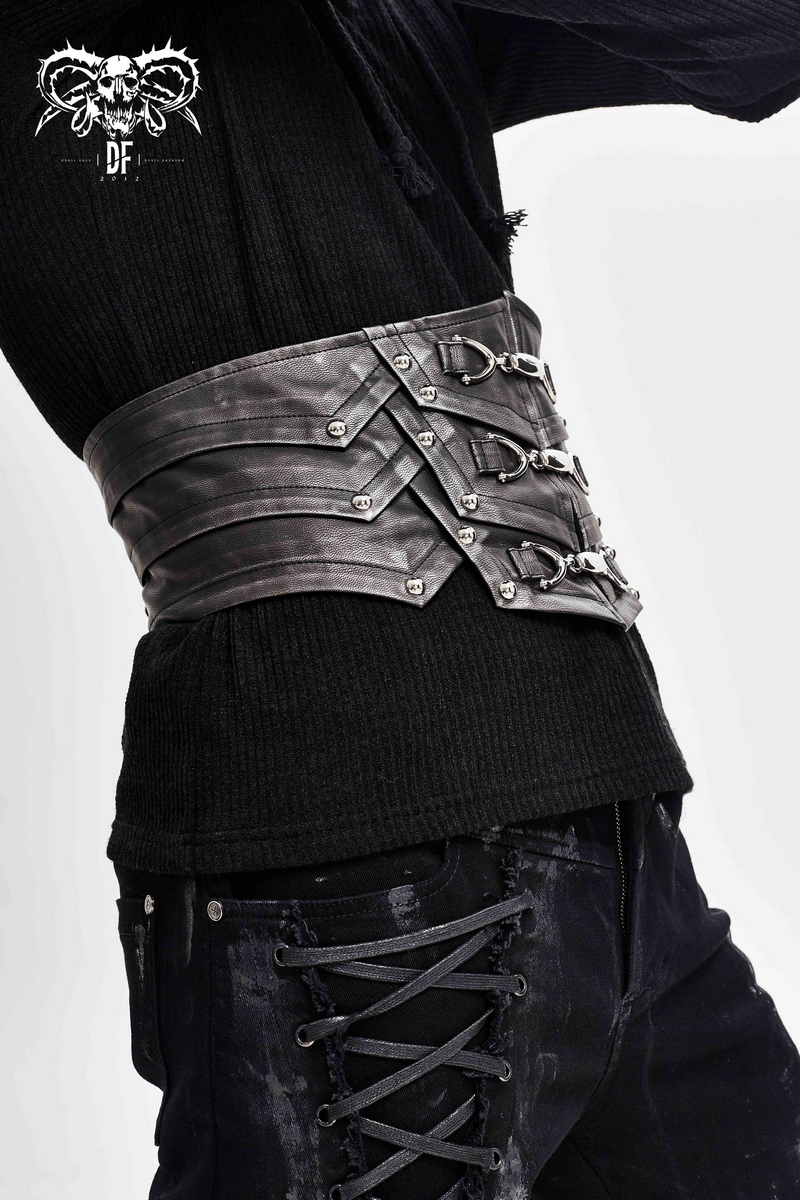 Punk Style Black PU Leather Belt with Metal Buckle / Vintage Wide Waistband For Men