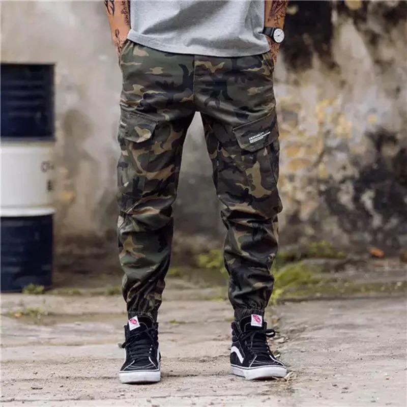 Punk Style Cargo Pants with Pockets / Men's Cotton Pants in Camouflage and Black Colour