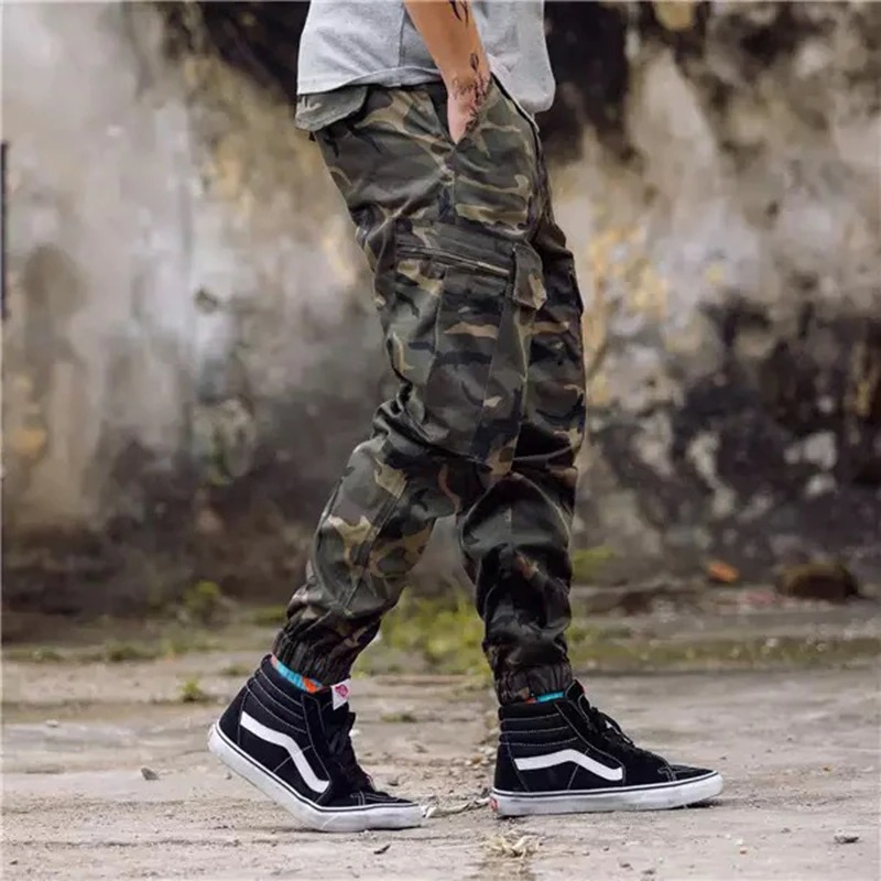 Punk Style Cargo Pants with Pockets / Men's Cotton Pants in Camouflage and Black Colour