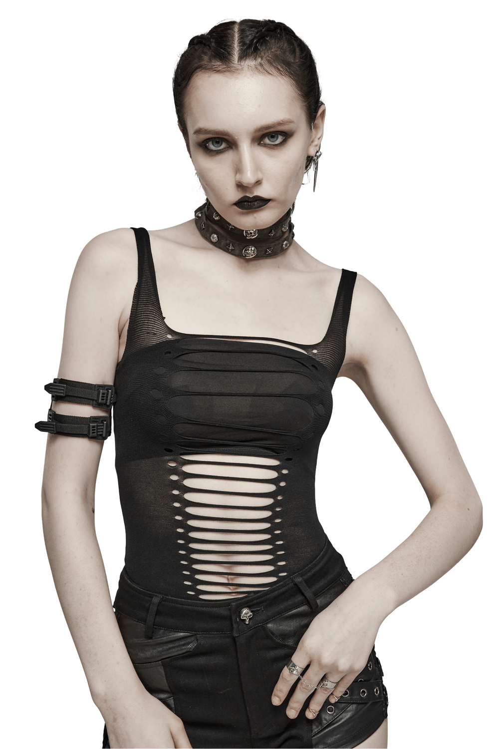 Punk Style Elastic Hollow-Out Black Tank Top for Women