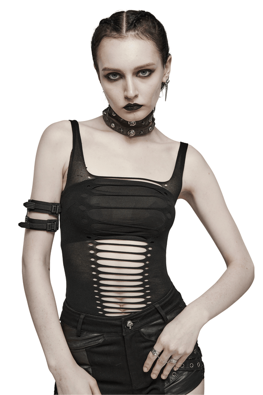 Punk Style Elastic Hollow-Out Black Tank Top for Women