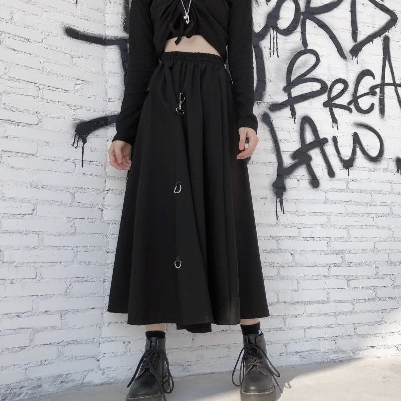 Punk Style Irregular Skirts with Buckles / Gothic Women's Black High Waist Skirt