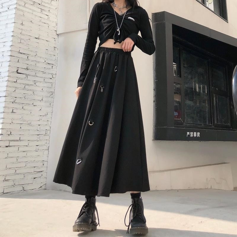 Punk Style Irregular Skirts with Buckles / Gothic Women's Black High Waist Skirt