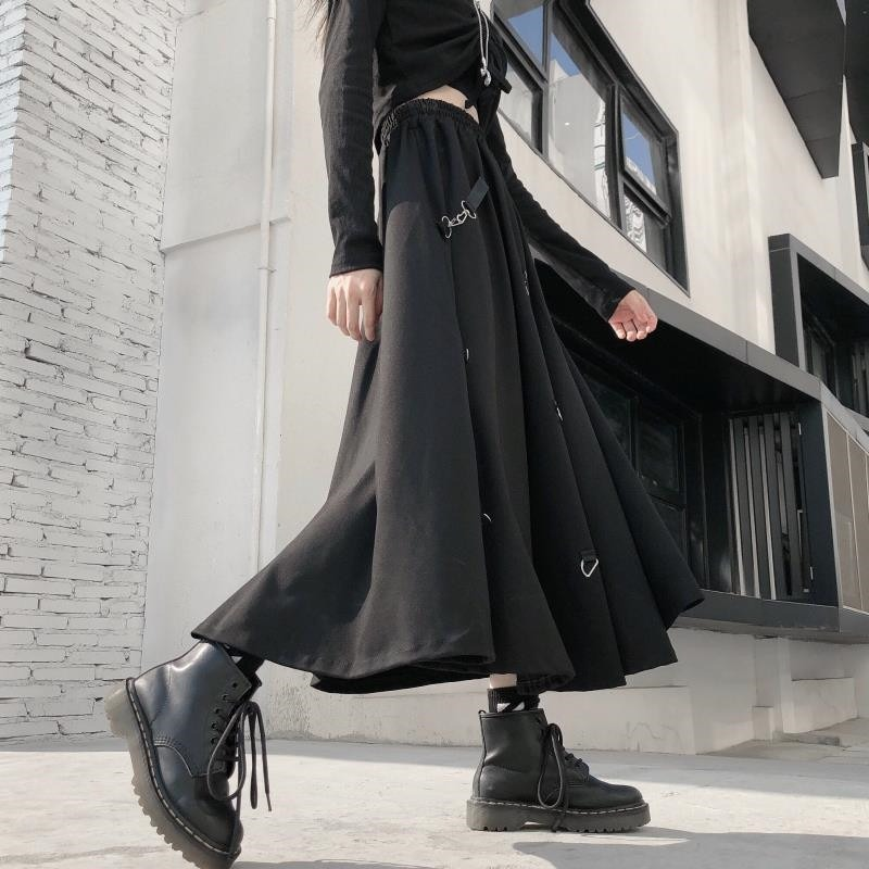 Punk Style Irregular Skirts with Buckles / Gothic Women's Black High Waist Skirt