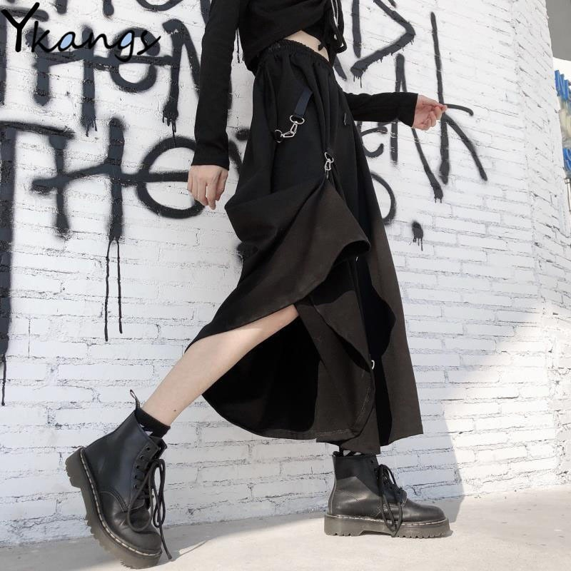 Punk Style Irregular Skirts with Buckles / Gothic Women's Black High Waist Skirt