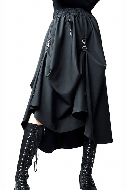 Punk Style Irregular Skirts with Buckles / Gothic Women's Black High Waist Skirt