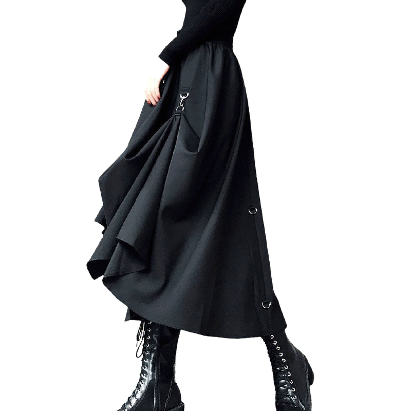 Punk Style Irregular Skirts with Buckles / Gothic Women's Black High Waist Skirt