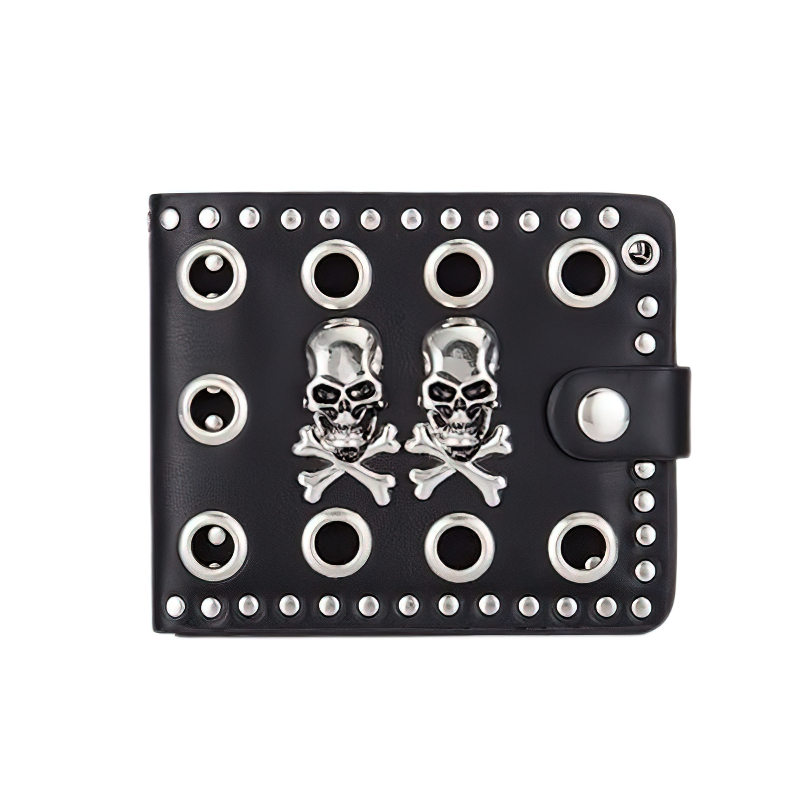 Punk Style Luxury Men's Wallet PU Leather / Black Double Skull Rivets Purse with Chain Card Holder