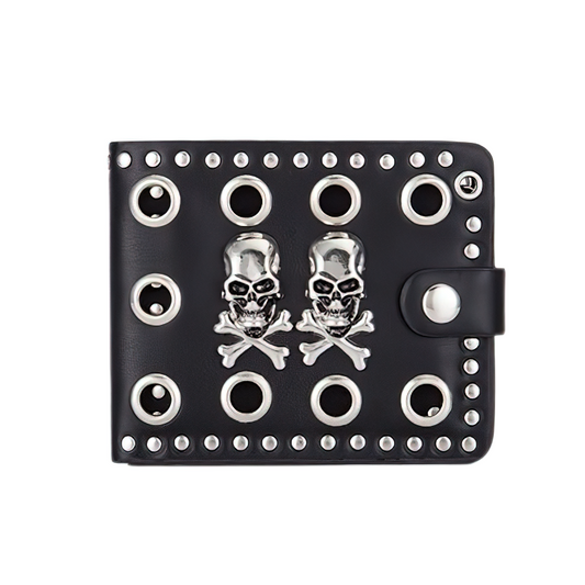 Punk Style Luxury Men's Wallet PU Leather / Black Double Skull Rivets Purse with Chain Card Holder