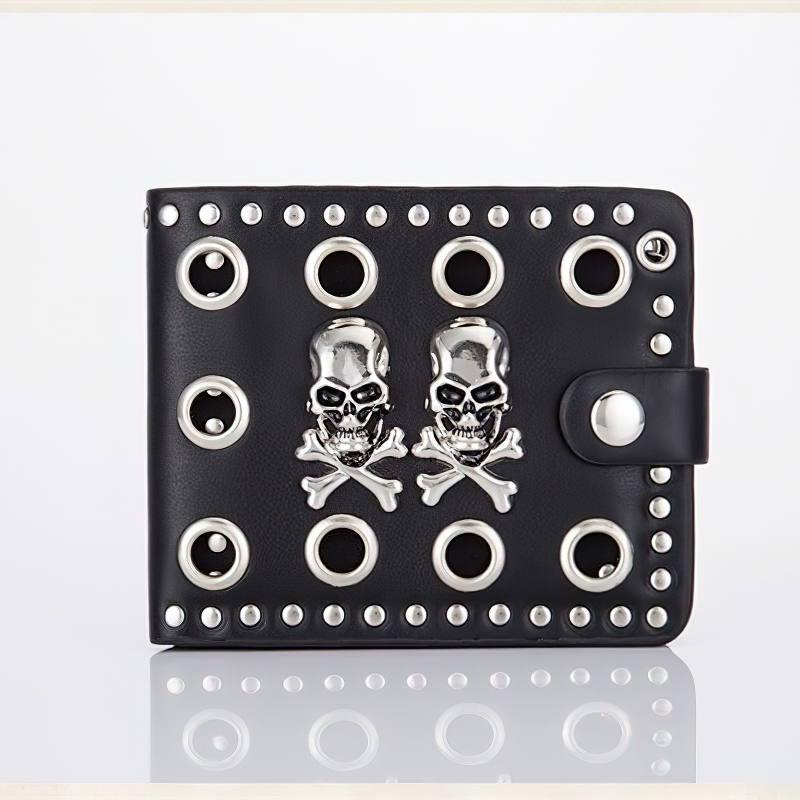 Punk Style Luxury Men's Wallet PU Leather / Black Double Skull Rivets Purse with Chain Card Holder