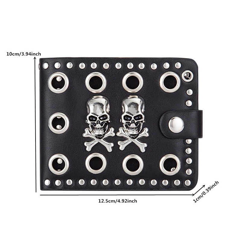 Punk Style Luxury Men's Wallet PU Leather / Black Double Skull Rivets Purse with Chain Card Holder