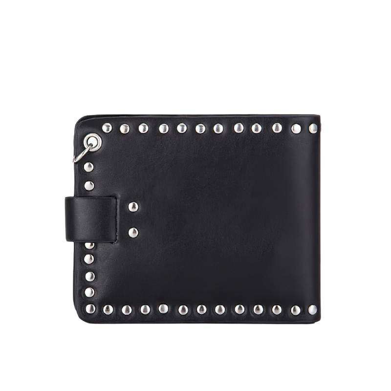 Punk Style Luxury Men's Wallet PU Leather / Black Double Skull Rivets Purse with Chain Card Holder