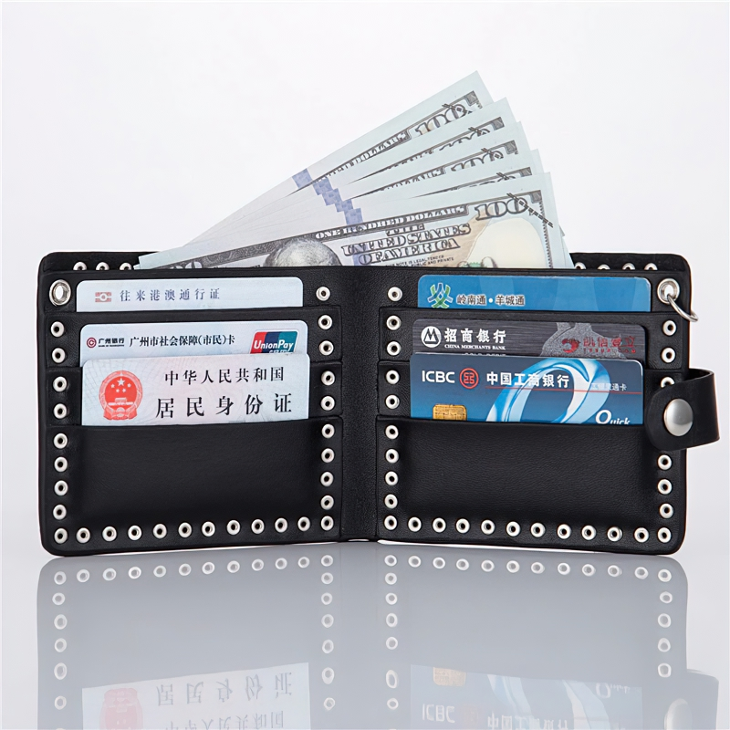 Punk Style Luxury Men's Wallet PU Leather / Black Double Skull Rivets Purse with Chain Card Holder