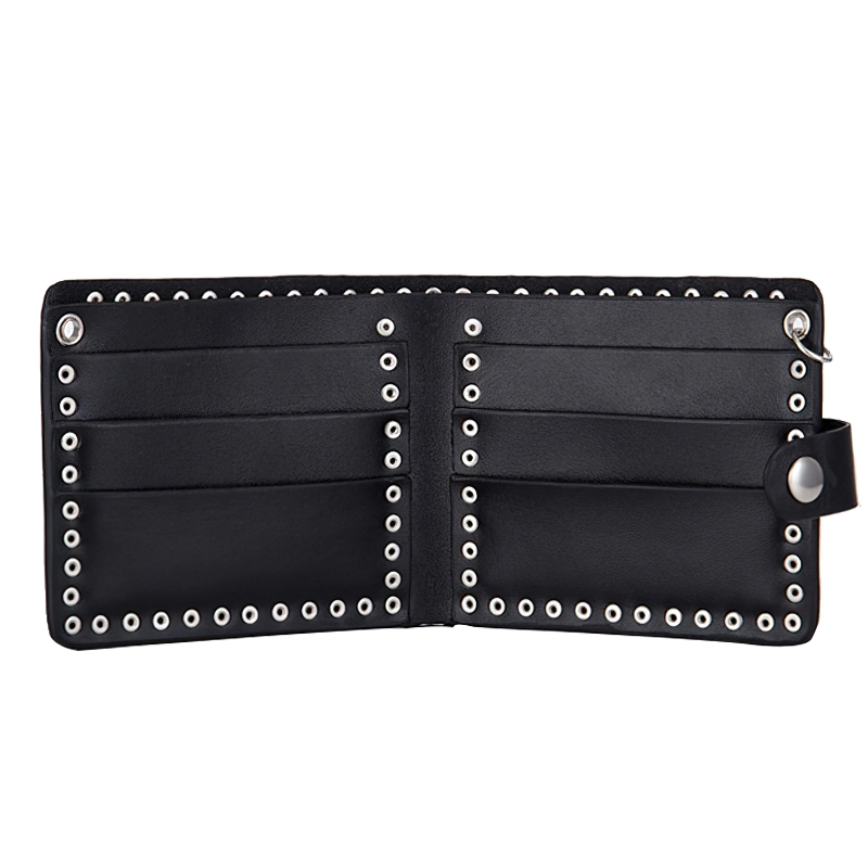 Punk Style Luxury Men's Wallet PU Leather / Black Double Skull Rivets Purse with Chain Card Holder