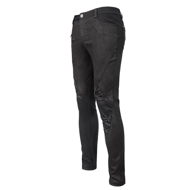 Punk Style Men's Jeans From Feature With Faux Leather Trim / Fashion Male Zip Pants with Lace-Up