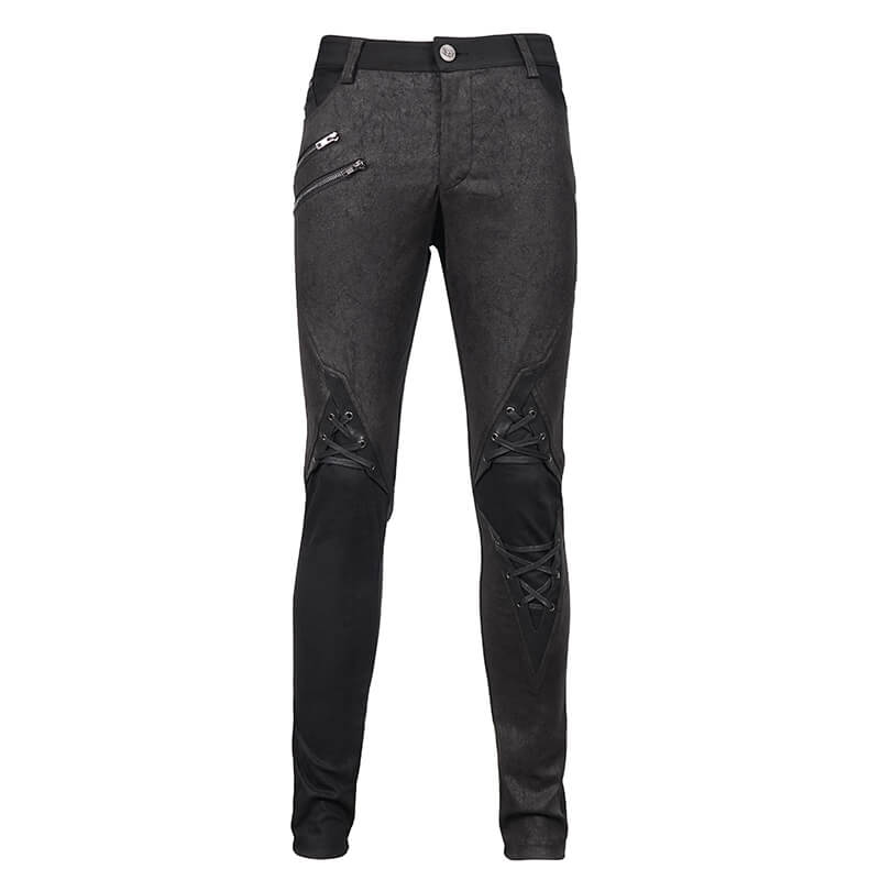 Punk Style Men's Jeans From Feature With Faux Leather Trim / Fashion Male Zip Pants with Lace-Up