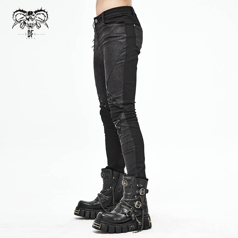 Punk Style Men's Jeans From Feature With Faux Leather Trim / Fashion Male Zip Pants with Lace-Up