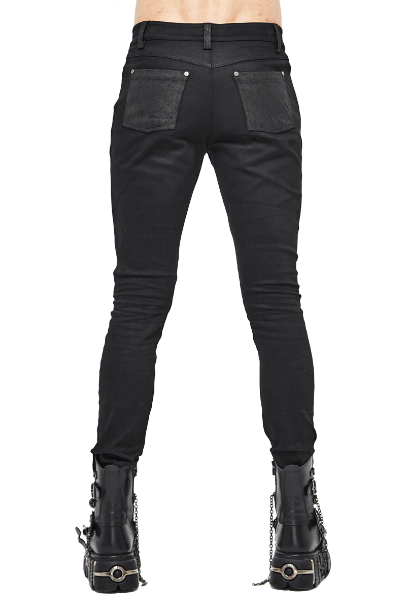 Punk Style Men's Jeans From Feature With Faux Leather Trim / Fashion Male Zip Pants with Lace-Up