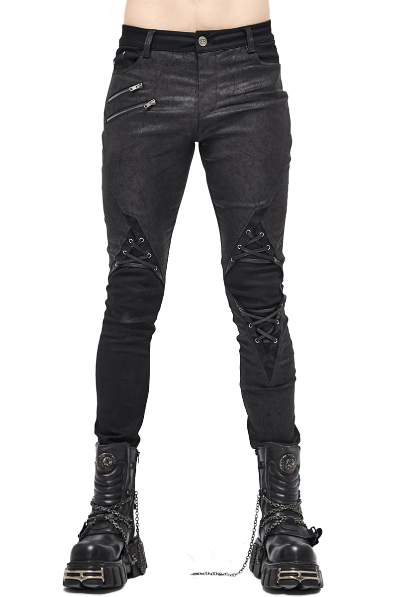 Punk Style Men's Jeans From Feature With Faux Leather Trim / Fashion Male Zip Pants with Lace-Up