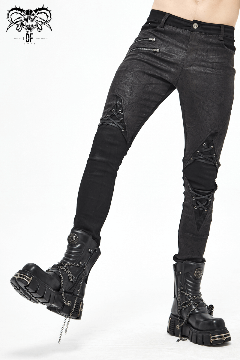 Punk Style Men's Jeans From Feature With Faux Leather Trim / Fashion Male Zip Pants with Lace-Up