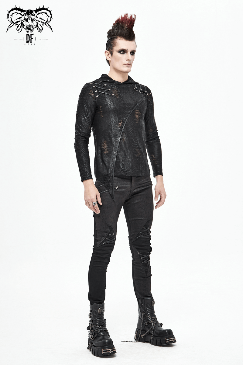 Punk Style Men's Jeans From Feature With Faux Leather Trim / Fashion Male Zip Pants with Lace-Up