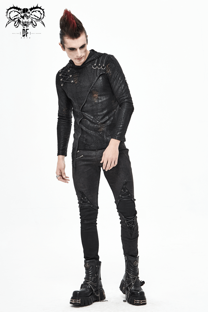 Punk Style Men's Jeans From Feature With Faux Leather Trim / Fashion Male Zip Pants with Lace-Up