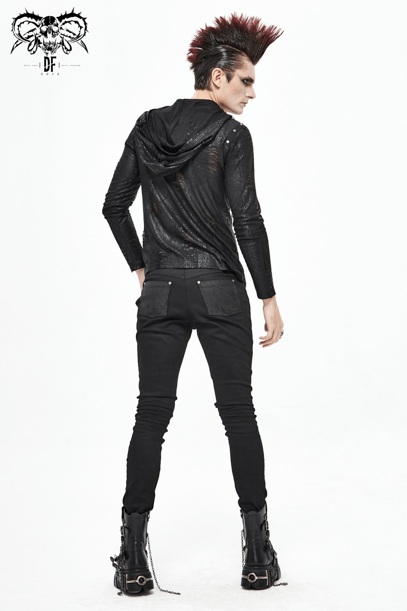 Punk Style Men's Jeans From Feature With Faux Leather Trim / Fashion Male Zip Pants with Lace-Up