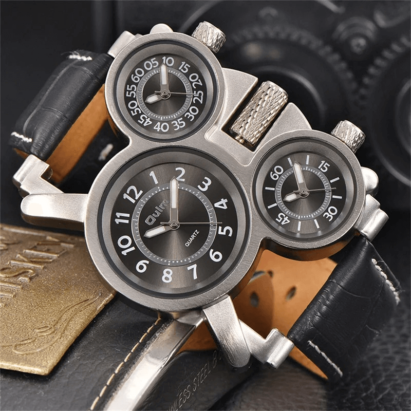 Punk Style Men's Quartz Watches with Three Time Zone / Retro Unique Male Wristwatch
