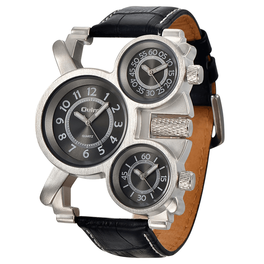 Punk Style Men's Quartz Watches with Three Time Zone / Retro Unique Male Wristwatch