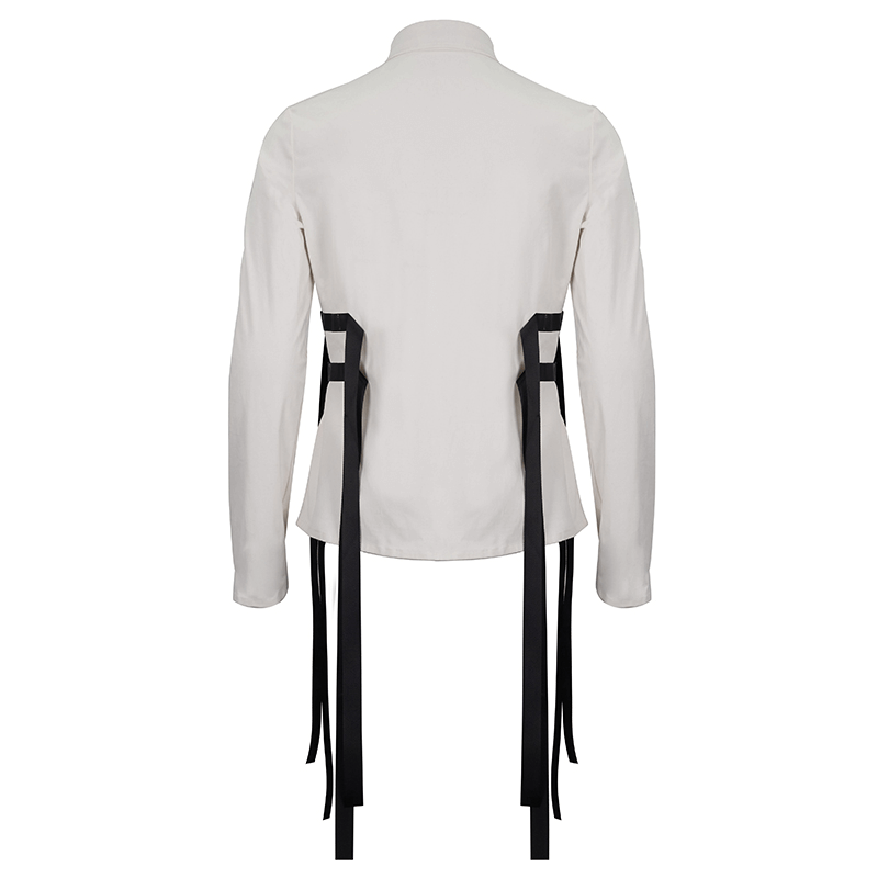 Punk Style Men's White Long Sleeve Shirt / Stylish Shirts with Nylon Straps & Buckles on Both Sides