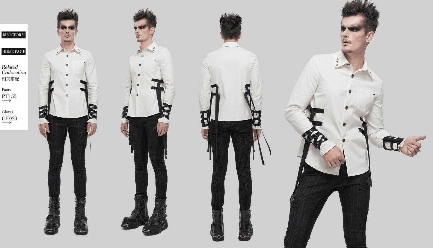 Punk Style Men's White Long Sleeve Shirt / Stylish Shirts with Nylon Straps & Buckles on Both Sides